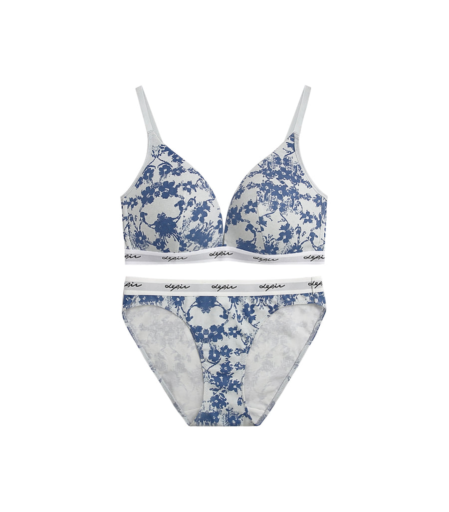 MODISH - Deep V Beauty Plunge Wireless Cotton Comfy Bra Set Blue Haze