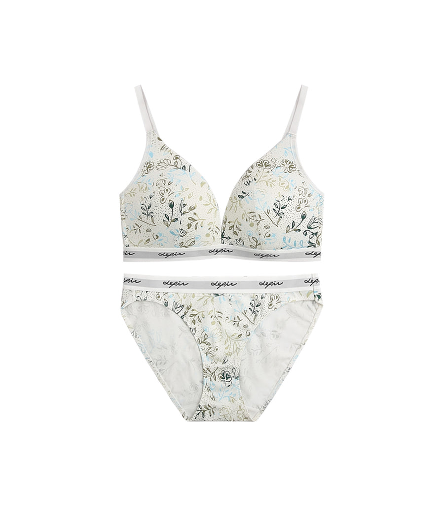 MODISH - Deep V Beauty Plunge Wireless Cotton Comfy Bra Set Vanilla Meadow