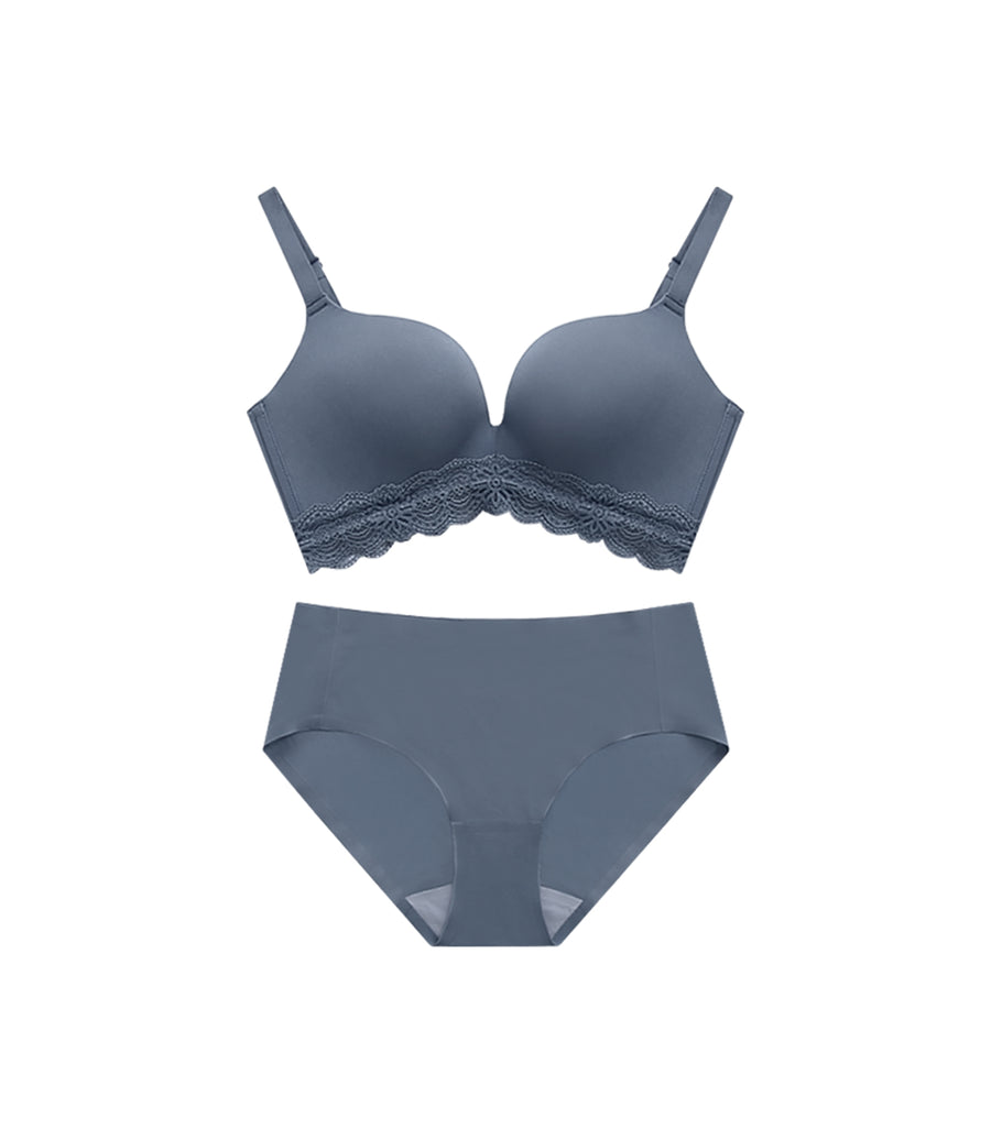 Blossom-Plump Beauty Breast Lace Wireless Supportive Bra Set Blue Grey