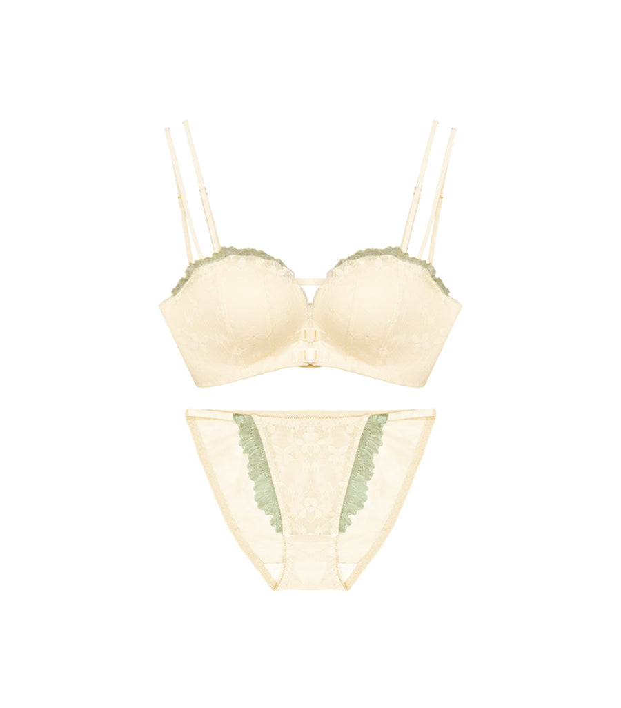 Concentrated Double Front Buckle Push Up Wireless Flora Sexy Back Bra Set Green