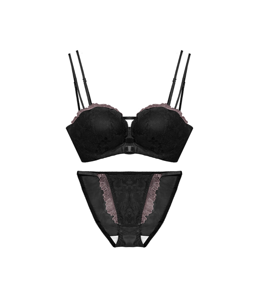 Concentrated Double Front Buckle Push Up Wireless Flora Sexy Back Bra Set Black
