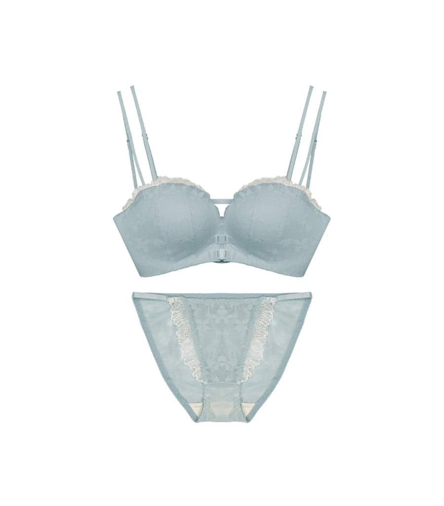 Concentrated Double Front Buckle Push Up Wireless Flora Sexy Back Bra Set Blue