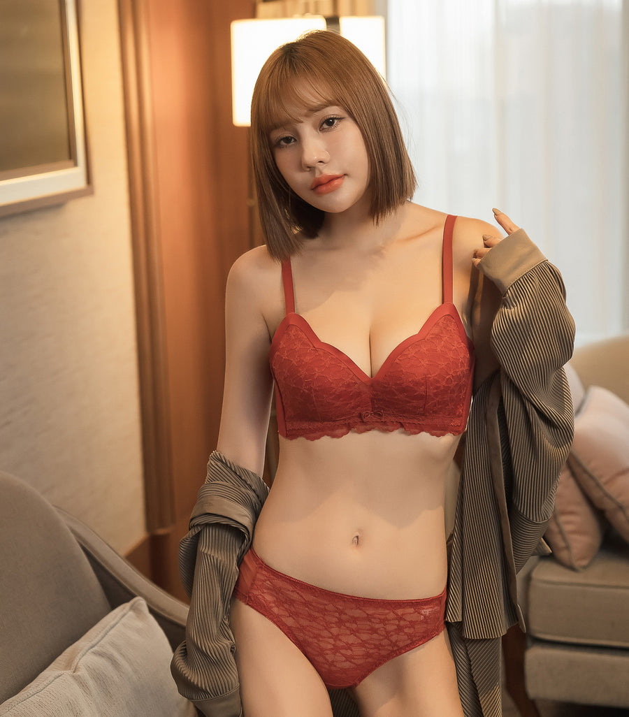 Wireless Seamless FLower Embroidery Push Up Comfy Bra Set Red