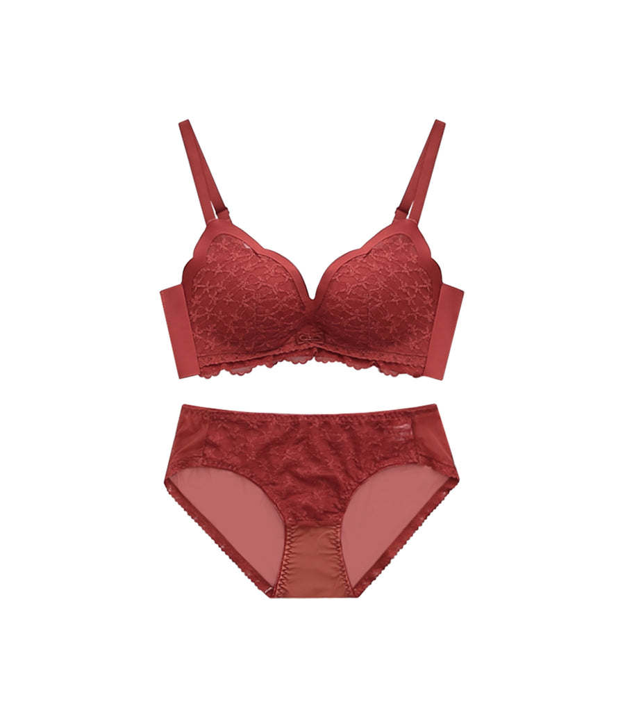 Wireless Seamless FLower Embroidery Push Up Comfy Bra Set Red