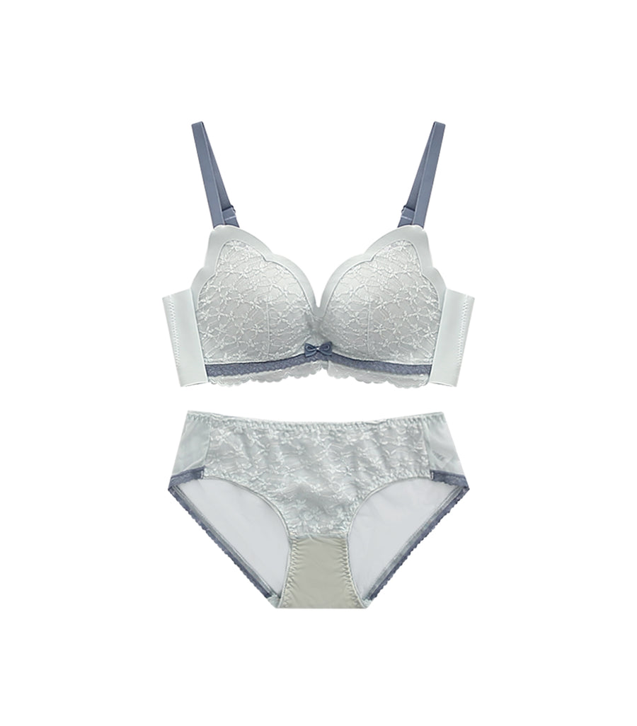Wireless Seamless FLower Embroidery Push Up Comfy Bra Set Light Blue