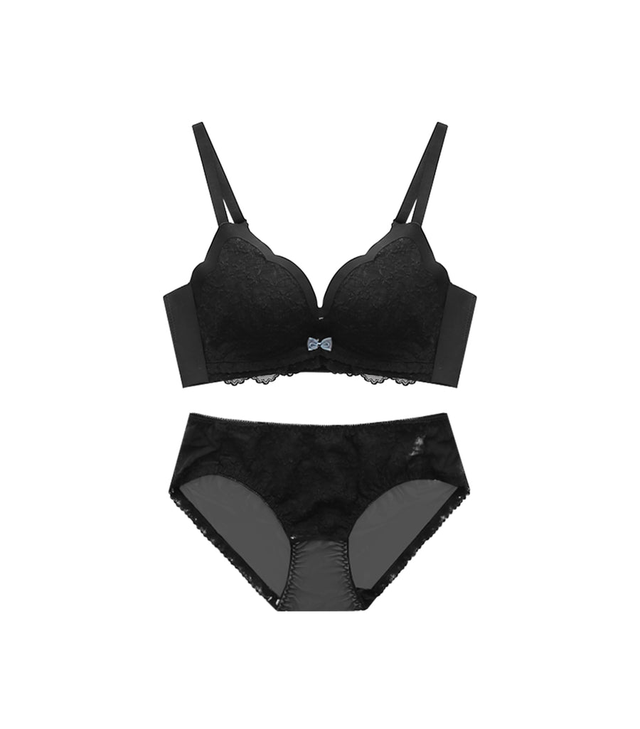 Wireless Seamless FLower Embroidery Push Up Comfy Bra Set Black