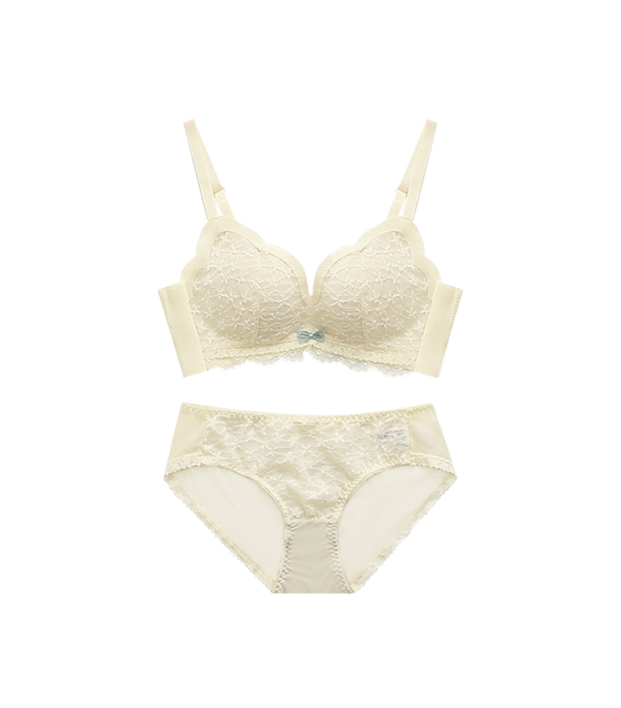 Wireless Seamless FLower Embroidery Push Up Comfy Bra Set Beige