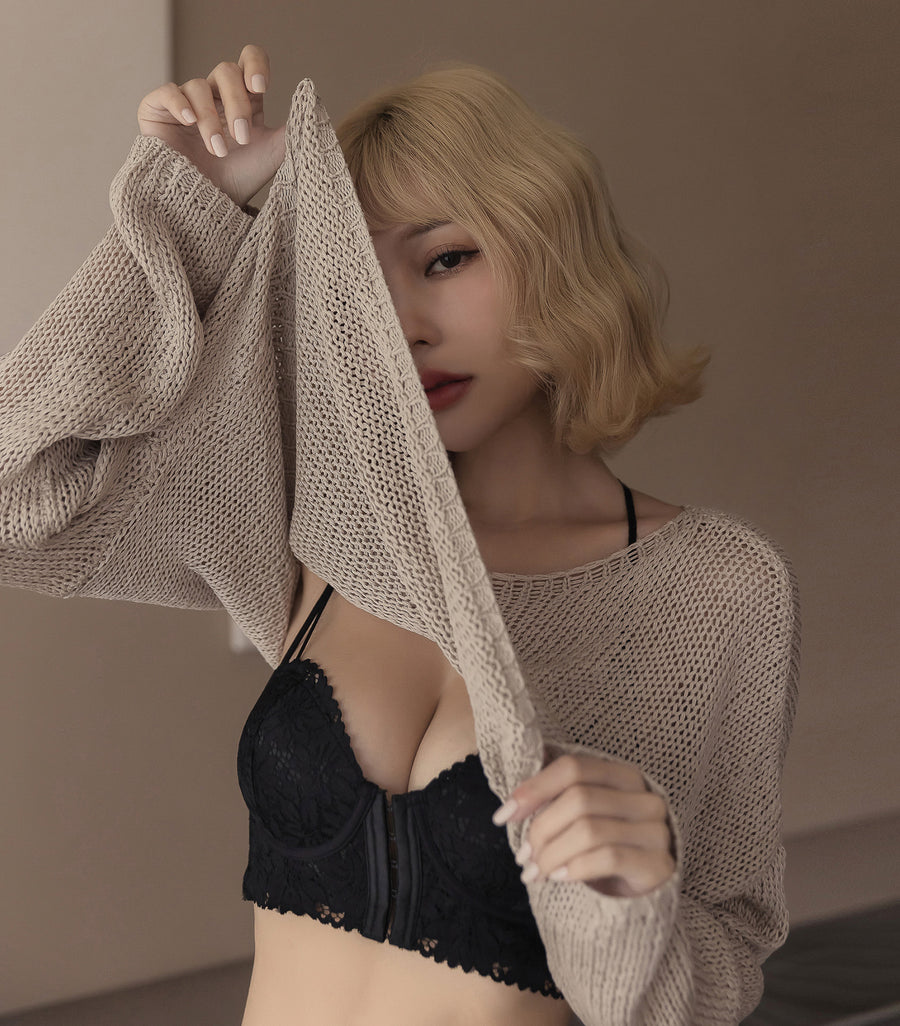 Front Buckle Plump Half-cup Thin Strap Lace Bra Set Black