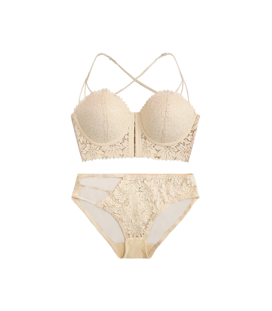 Front Buckle Plump Half-cup Thin Strap Lace Bra Set Nude Pink