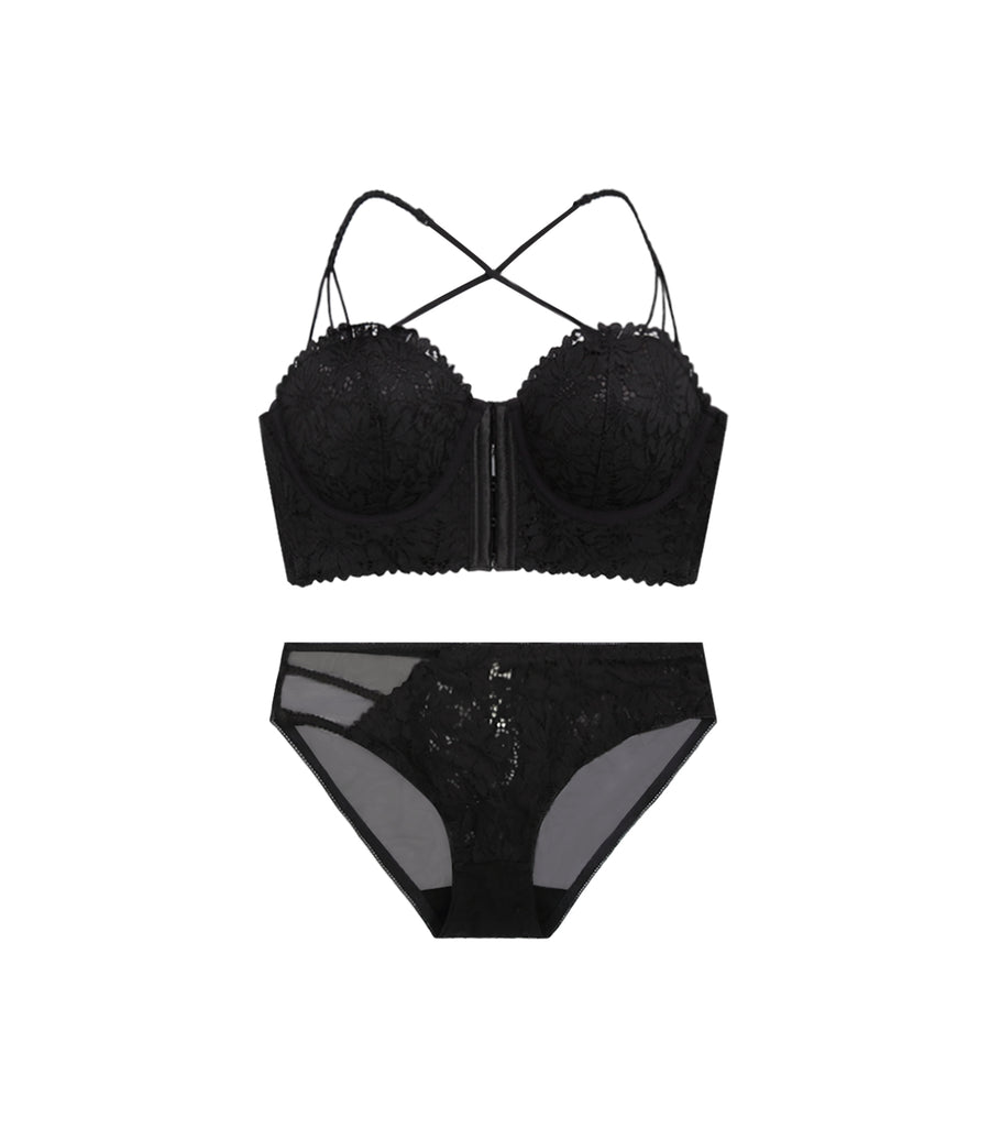 Front Buckle Plump Half-cup Thin Strap Lace Bra Set Black