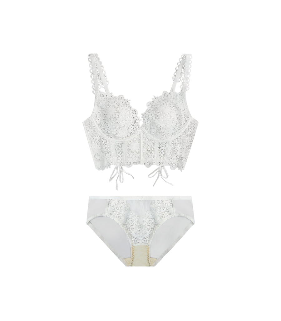 Sexy Embroidered Lace Slim Fit Wireless Bra Set White