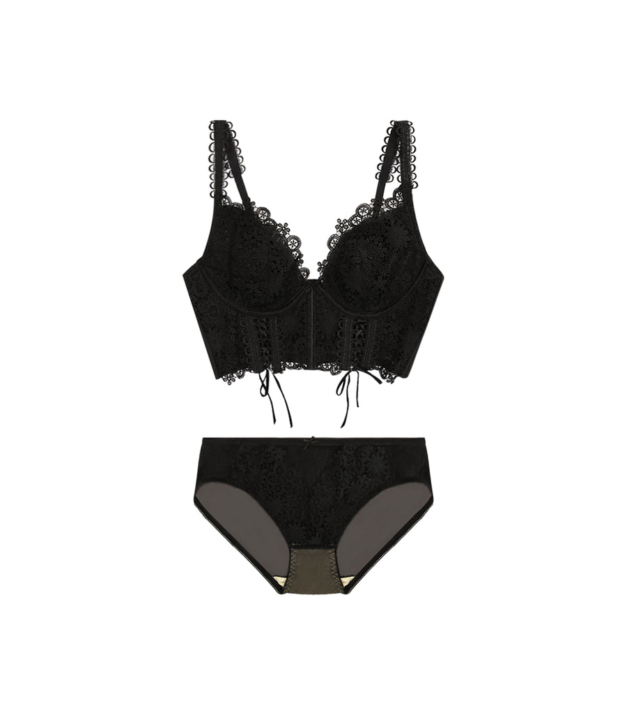 Sexy Embroidered Lace Slim Fit Wireless Bra Set Black