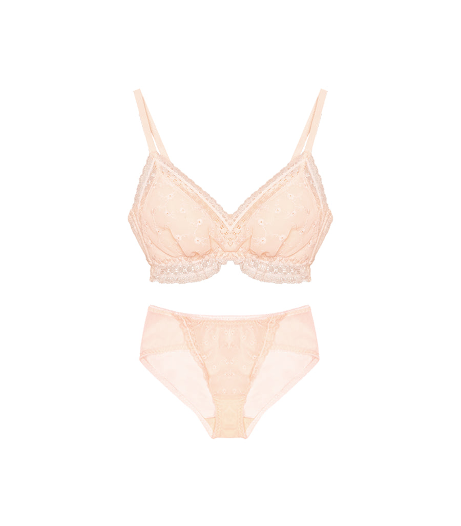 Wireless V-shaped Cross Concentrated Flora Embroidery Thin Bra Set Pink