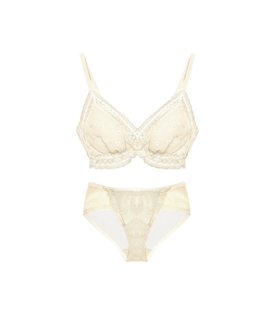Wireless V-shaped Cross Concentrated Flora Embroidery Thin Bra Set Apricot