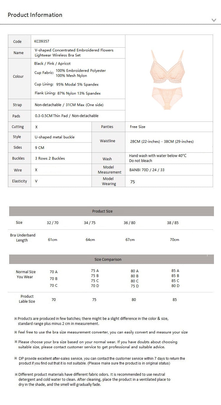 Wireless V-shaped Cross Concentrated Flora Embroidery Thin Bra Set Pink