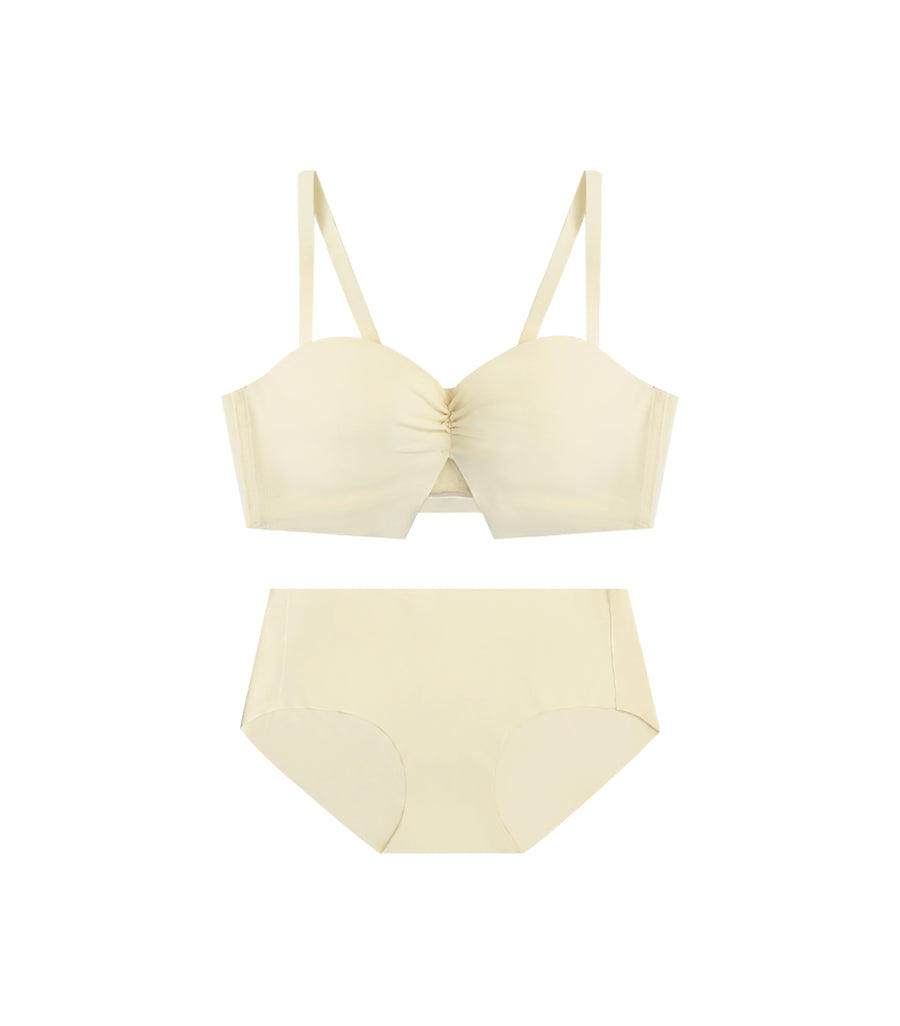 Rounded Half-cup Wrinkled Wireless Hollow Out Bra Set White