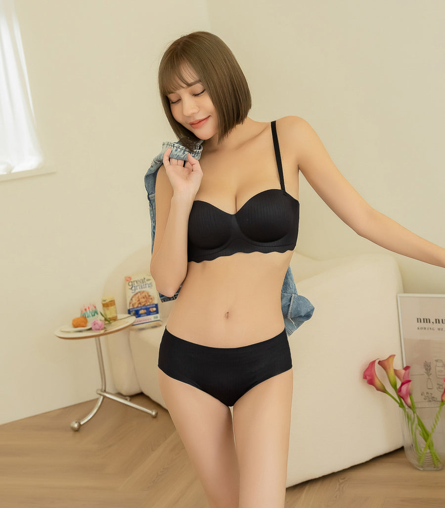 Deep Lift Seamless Wave Pattern Band Wireless Bra Set Black