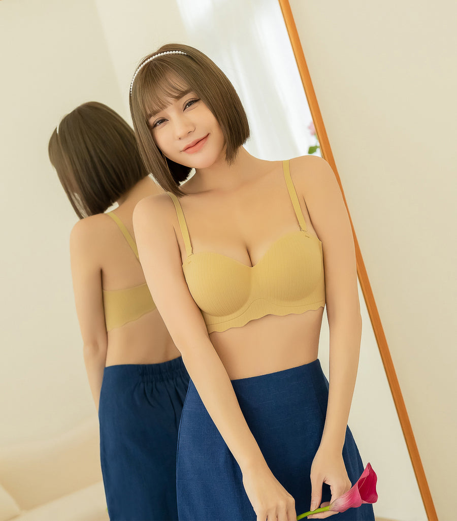 Deep Lift Seamless Wave Pattern Band Wireless Bra Set Mustard