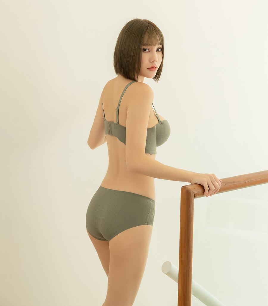Deep Lift Seamless Wave Pattern Band Wireless Bra Set Green