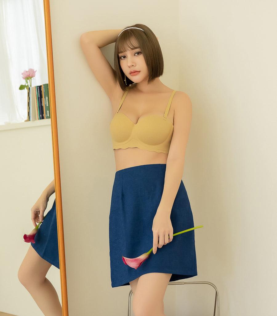 Deep Lift Seamless Wave Pattern Band Wireless Bra Set Mustard