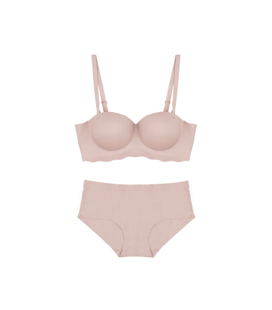 Deep Lift Seamless Wave Pattern Band Wireless Bra Set Pink