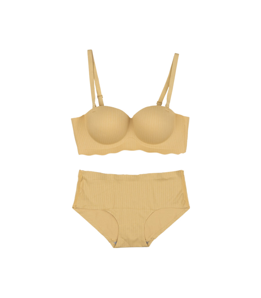 Deep Lift Seamless Wave Pattern Band Wireless Bra Set Mustard