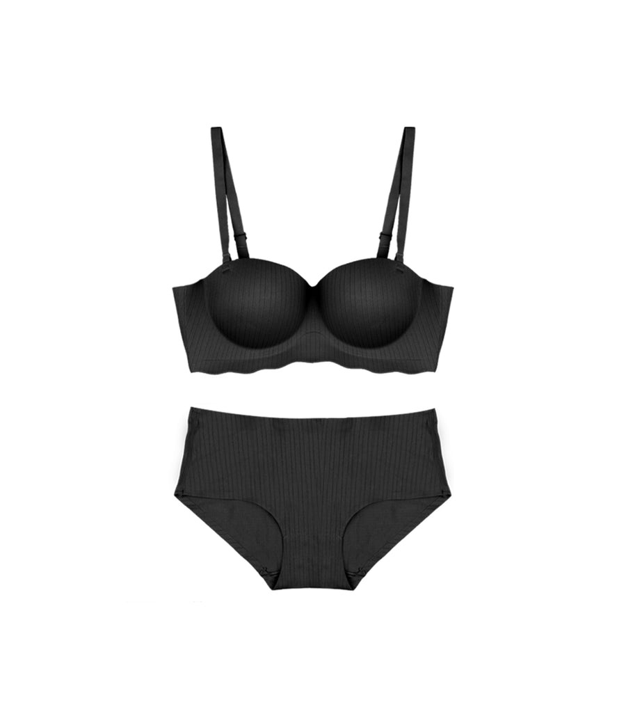 Deep Lift Seamless Wave Pattern Band Wireless Bra Set Black