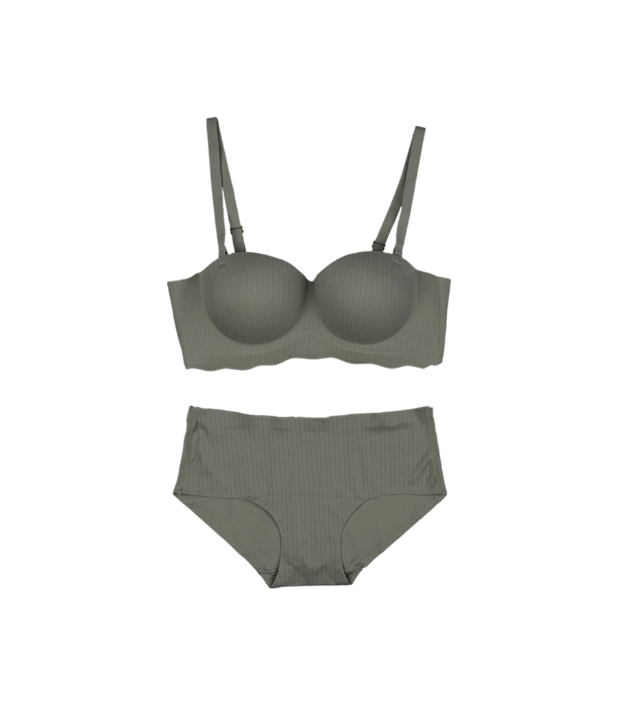 Deep Lift Seamless Wave Pattern Band Wireless Bra Set Green