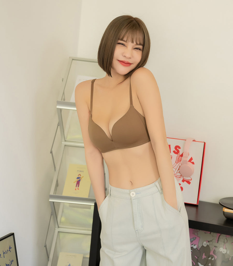 Deep V Comfort Seamless Wireless Thin Strap Bra Set Coffee