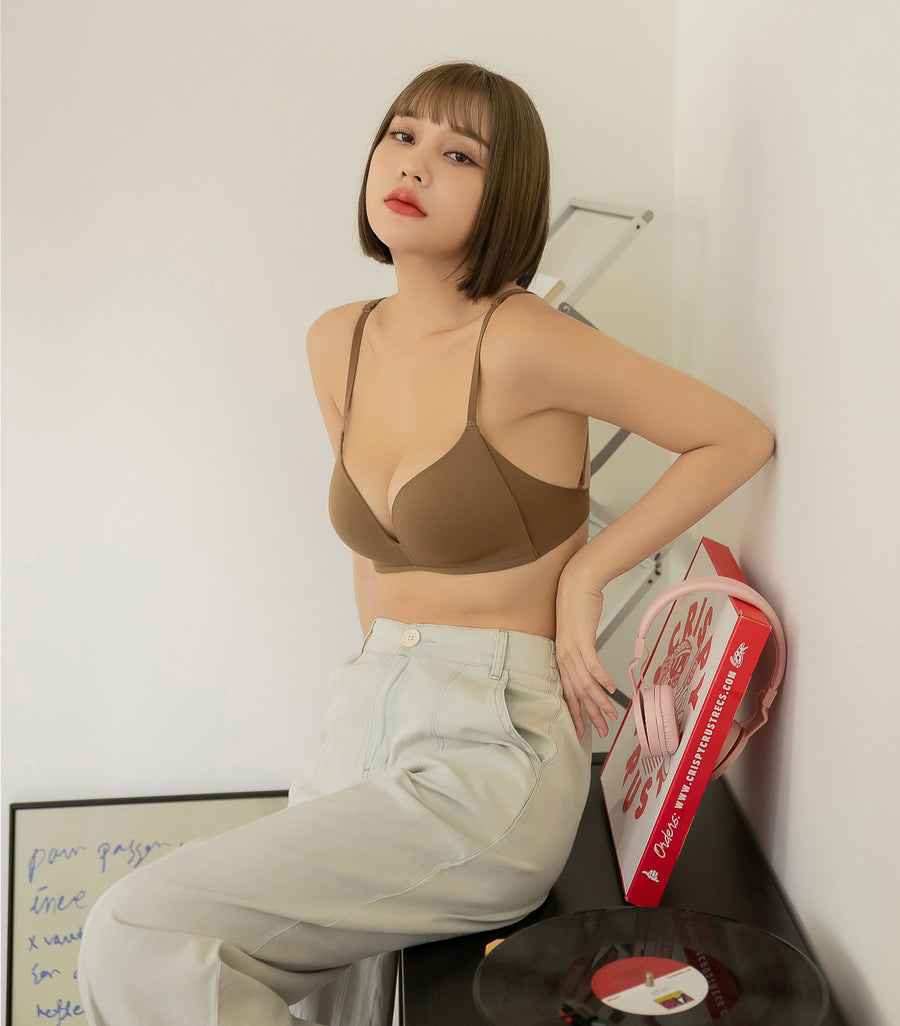Deep V Comfort Seamless Wireless Thin Strap Bra Set Coffee