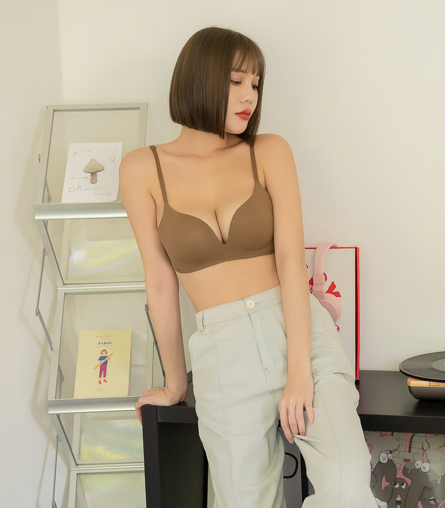 Deep V Comfort Seamless Wireless Thin Strap Bra Set Coffee