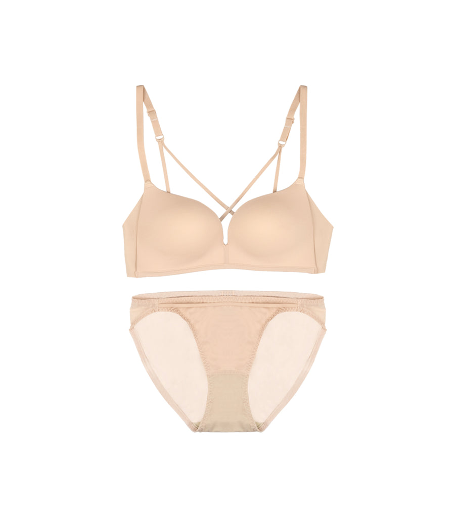 Deep V Comfort Seamless Wireless Thin Strap Bra Set Nude