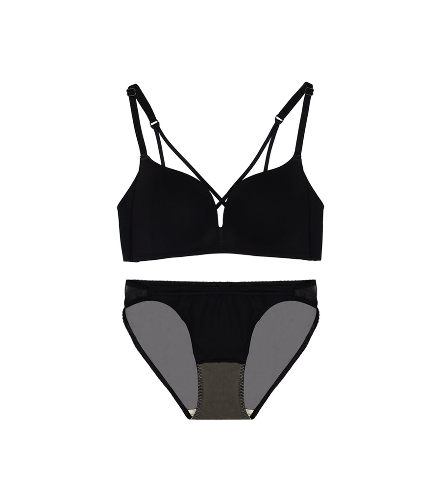 Deep V Comfort Seamless Wireless Thin Strap Bra Set Black