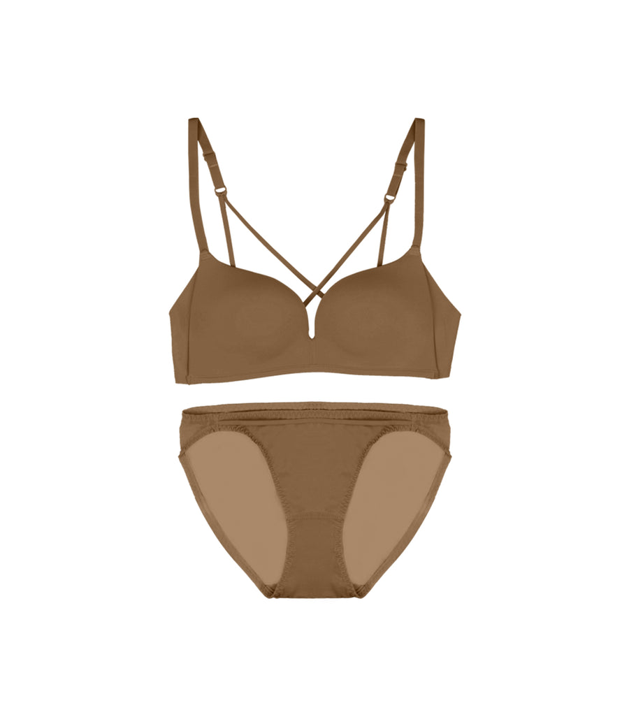 Deep V Comfort Seamless Wireless Thin Strap Bra Set Coffee