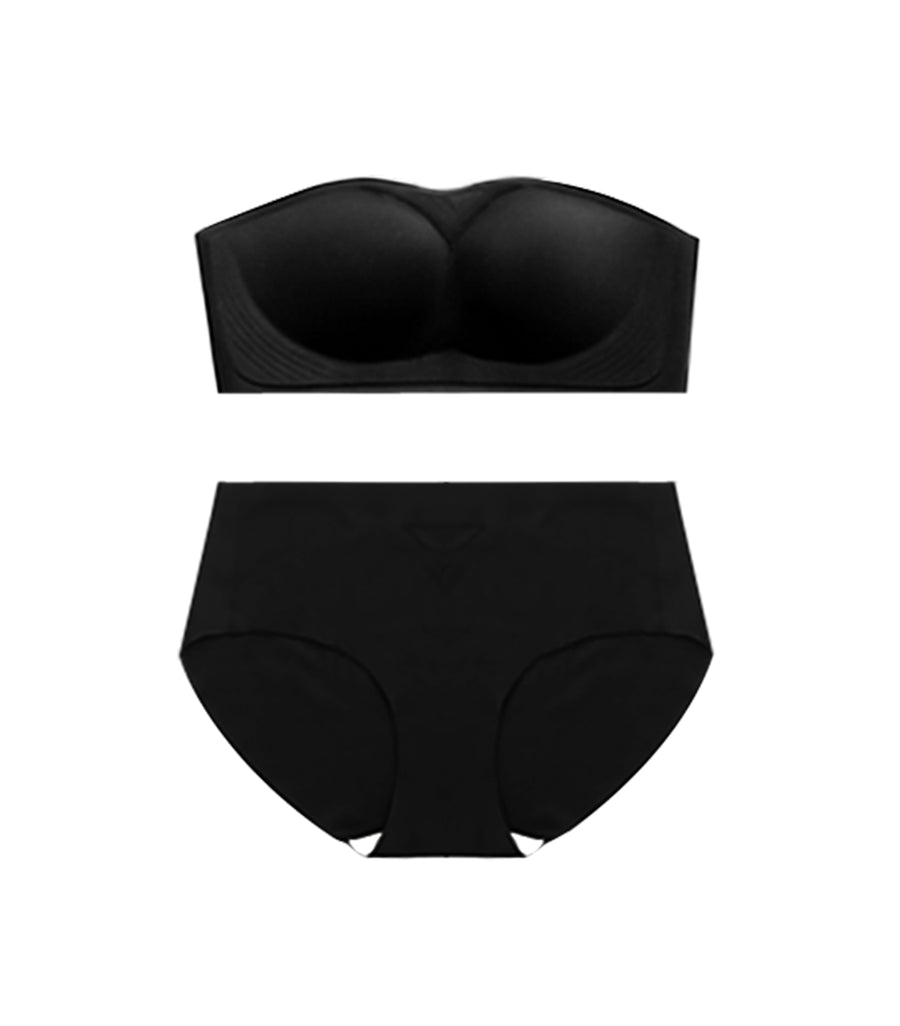 Zero Sense Seamless Flat Neck Translucent Skin Beauty Back Wireless Bra Set Black