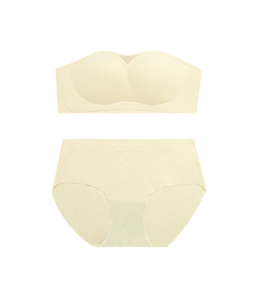 Zero Sense Seamless Flat Neck Translucent Skin Beauty Back Wireless Bra Set Cream