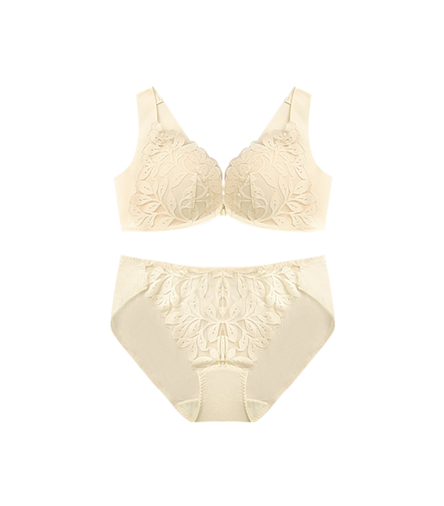 Front Buckle Concentrated Seamless Wireless Slim Fit Wide Shoulder Lace Bra Set Cream