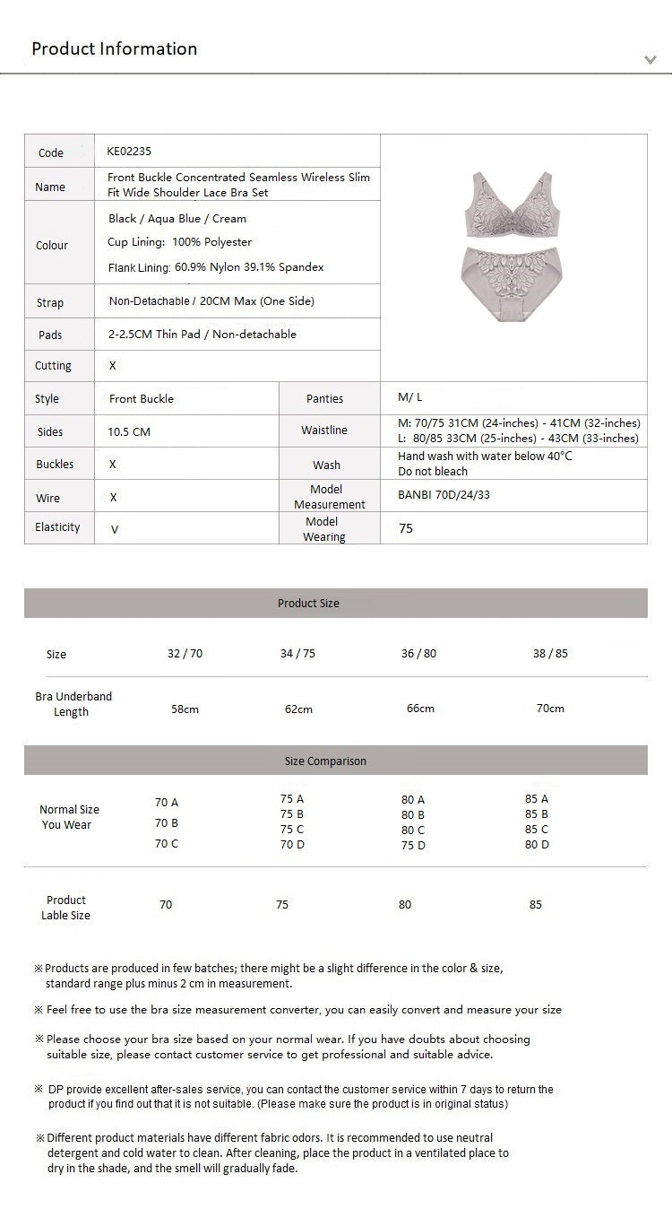 Front Buckle Concentrated Seamless Wireless Slim Fit Wide Shoulder Lace Bra Set Cream