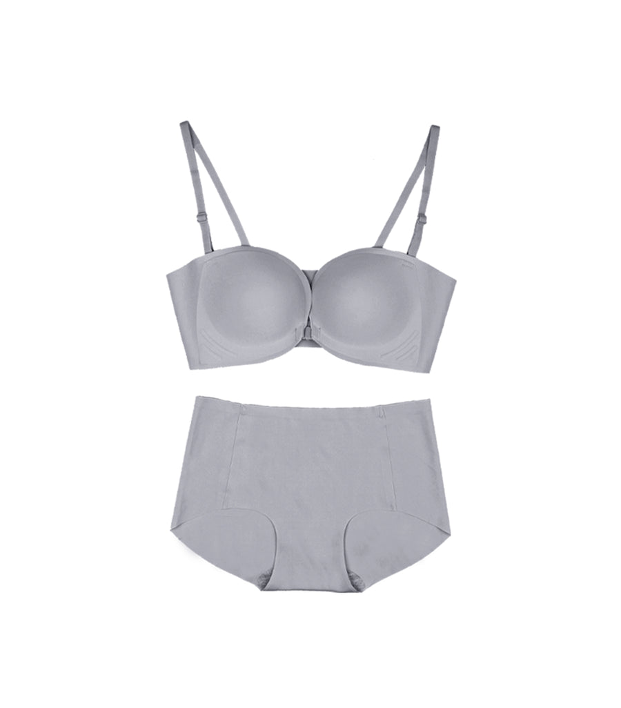 Seamless Front Buckle Concentrated Plain Wireless Bra Set Blue Grey