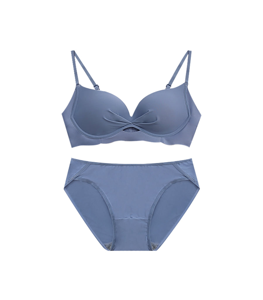 Plain Hollow Out Seamless Wrinkled Light and Thin Wireless Bra Set Blue