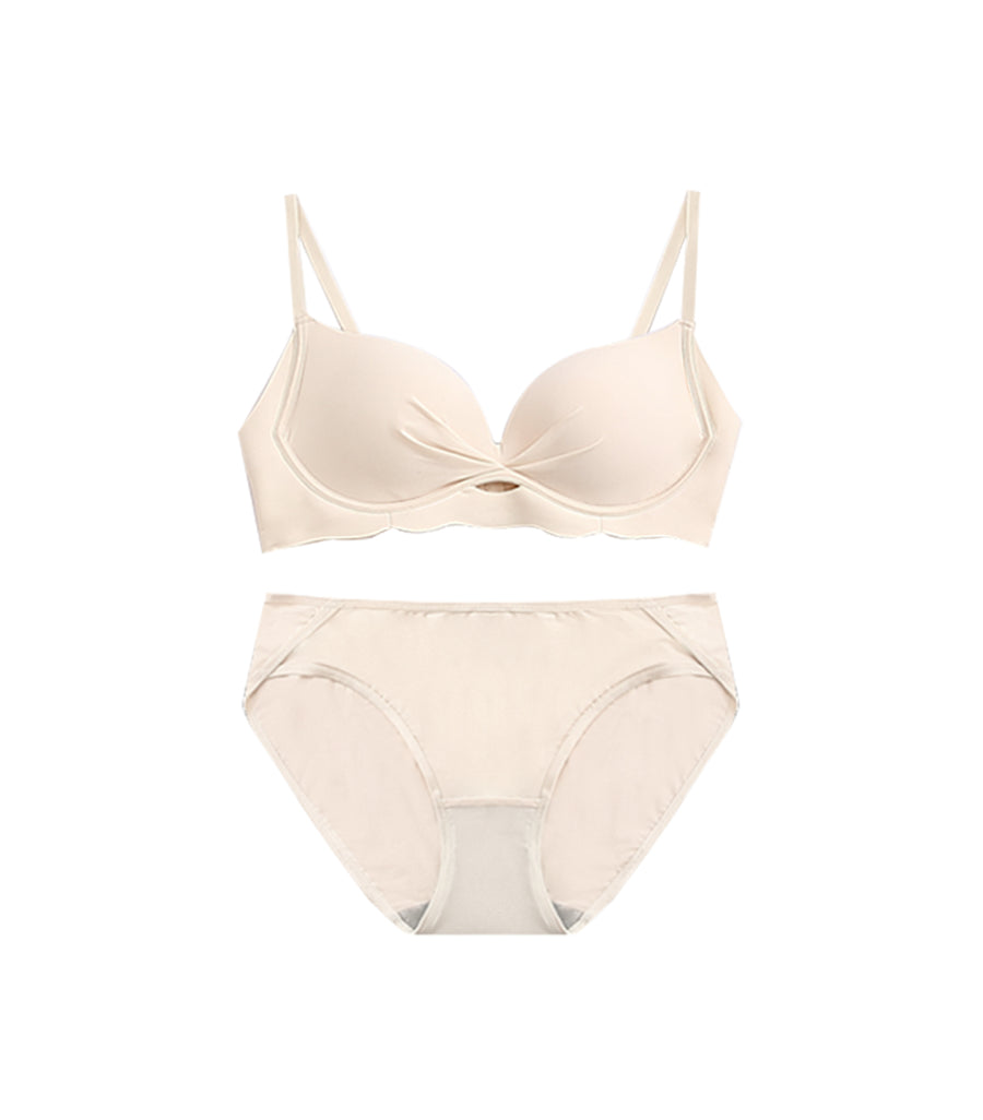 Plain Hollow Out Seamless Wrinkled Light and Thin Wireless Bra Set Nude Pink
