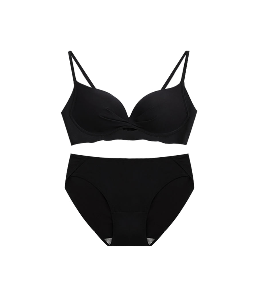 Plain Hollow Out Seamless Wrinkled Light and Thin Wireless Bra Set Black
