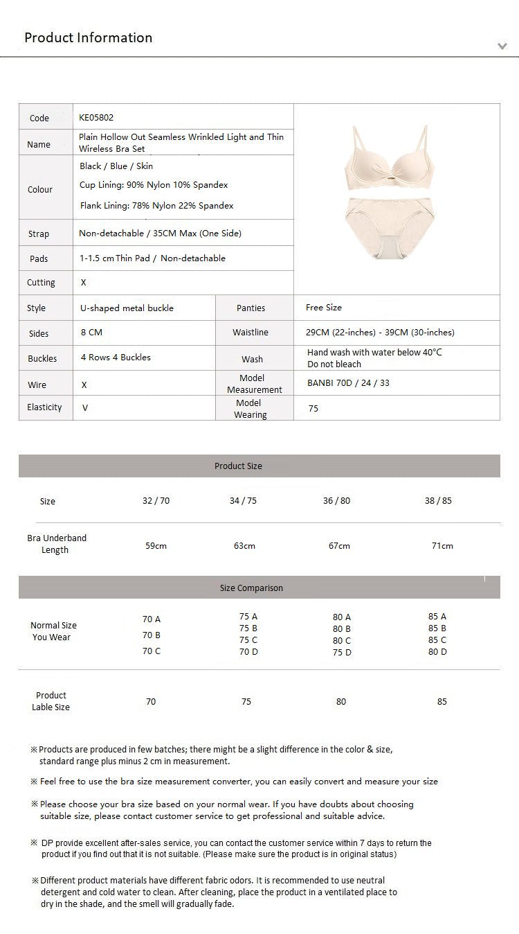 Plain Hollow Out Seamless Wrinkled Light and Thin Wireless Bra Set Nude Pink