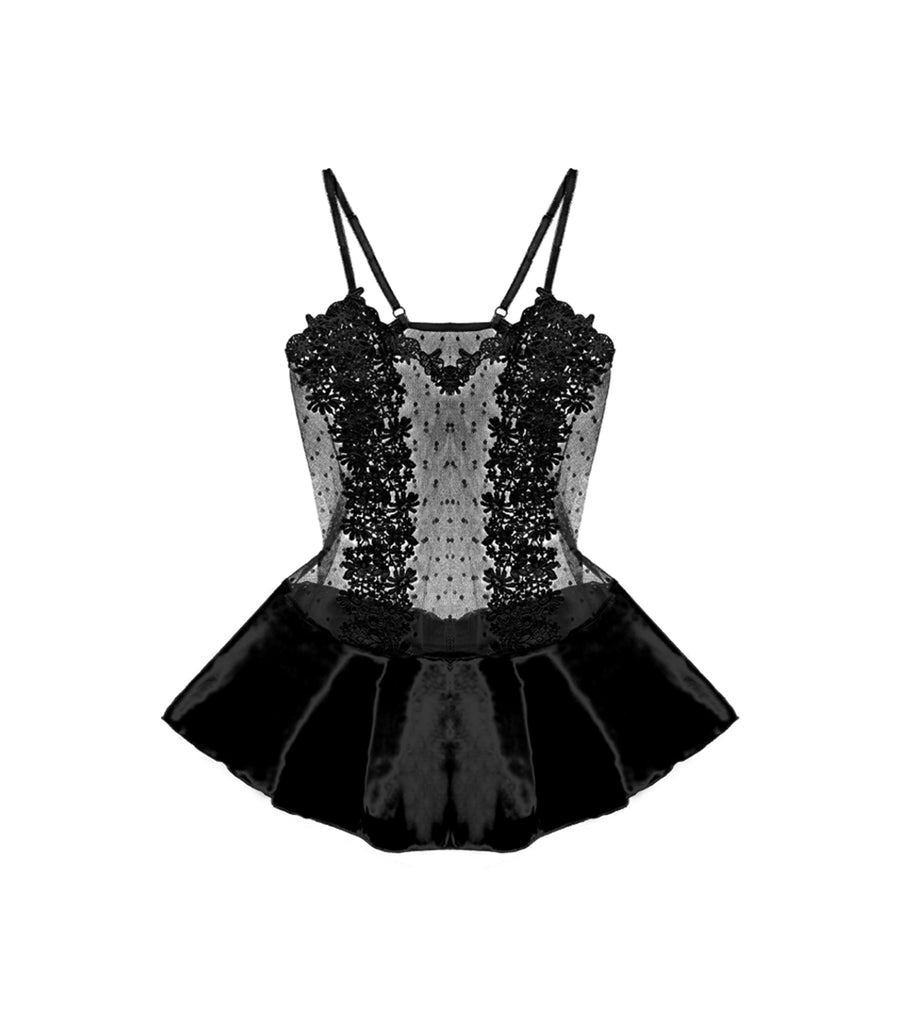 3D Lace Flower Embroidery Transparent One-piece Pajamas Black
