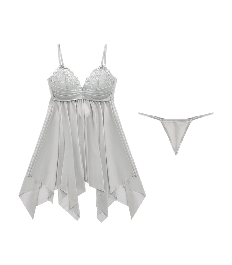 Irregular Hem Transparent Lace Wireless Pajamas Set Grey
