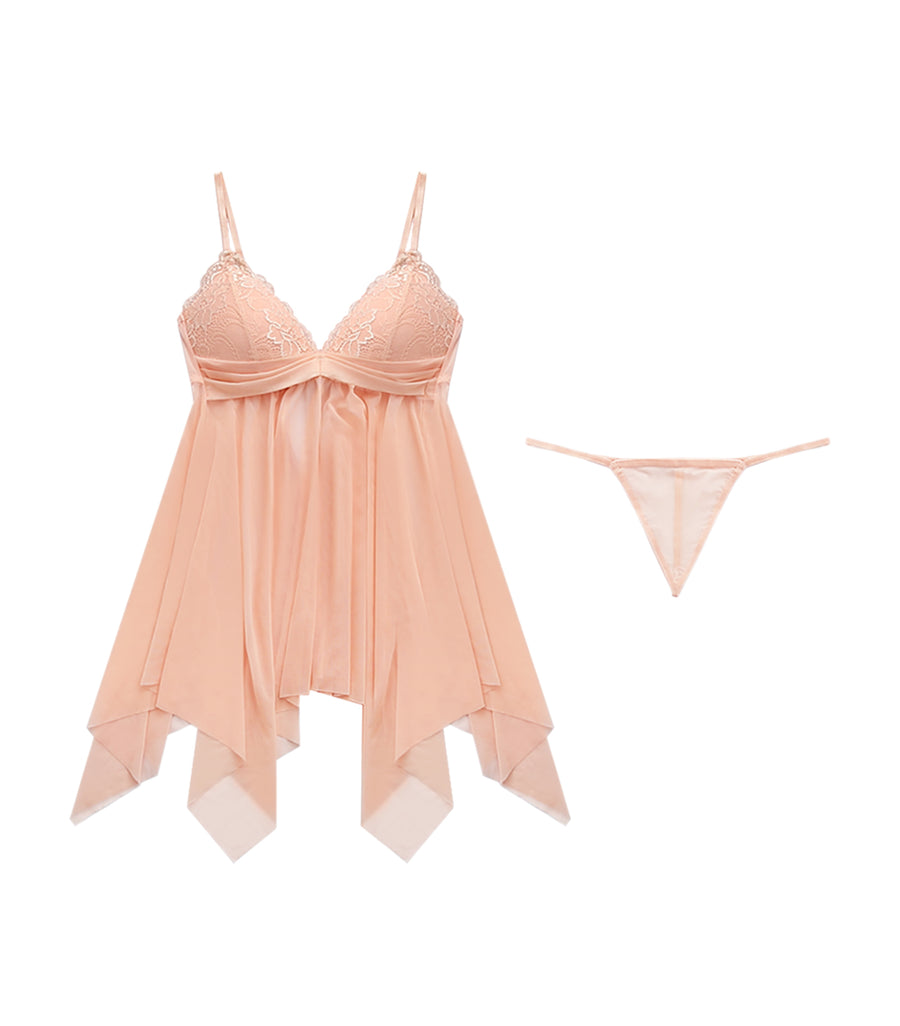 Irregular Hem Transparent Lace Wireless Pajamas Set Pink