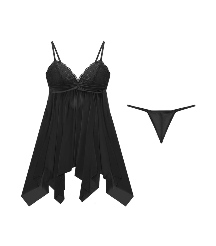 Irregular Hem Transparent Lace Wireless Pajamas Set Black