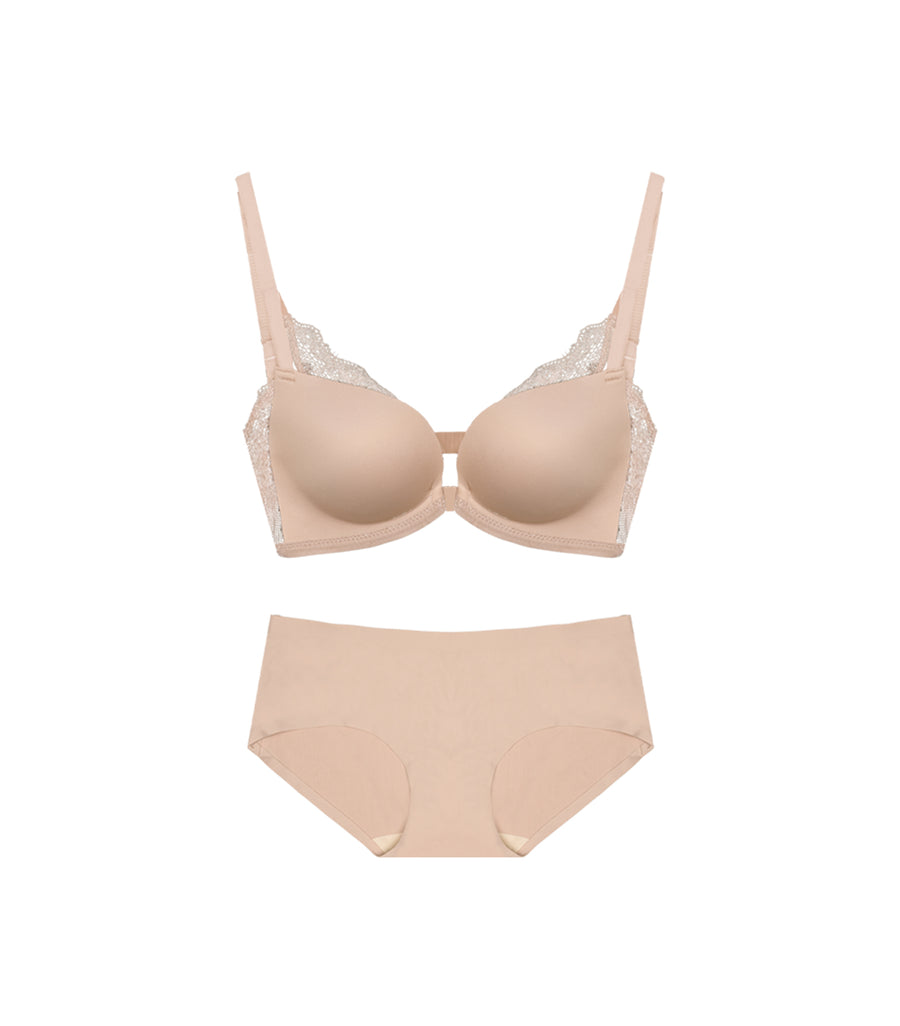 Deep Cleavage Front Buckle Seamless Wireless Lace Sexy Back Bra Set Nude Pink