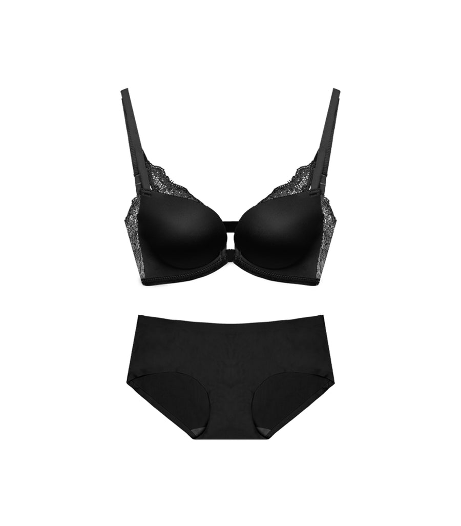 Deep Cleavage Front Buckle Seamless Wireless Lace Sexy Back Bra Set Black