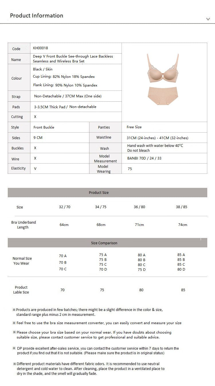 Deep Cleavage Front Buckle Seamless Wireless Lace Sexy Back Bra Set Black
